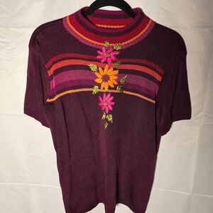 Crazy Horse Collection Grandmacore Floral Mock Neck Short Sleeve Knit Top M‎